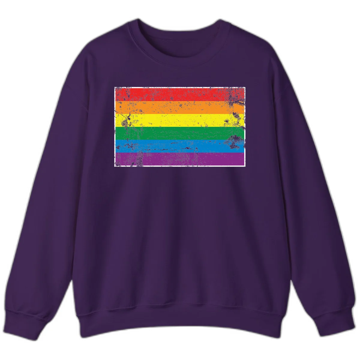 Distressed rainbow pride flag with six horizontal color stripes: red, orange, yellow, green, blue, and purple with grunge texture in Purple