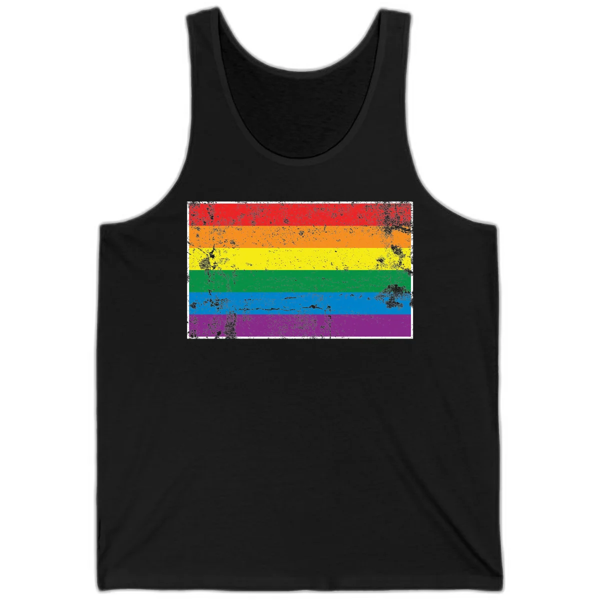 Distressed rainbow pride flag with six horizontal color stripes: red, orange, yellow, green, blue, and purple with grunge texture in Black