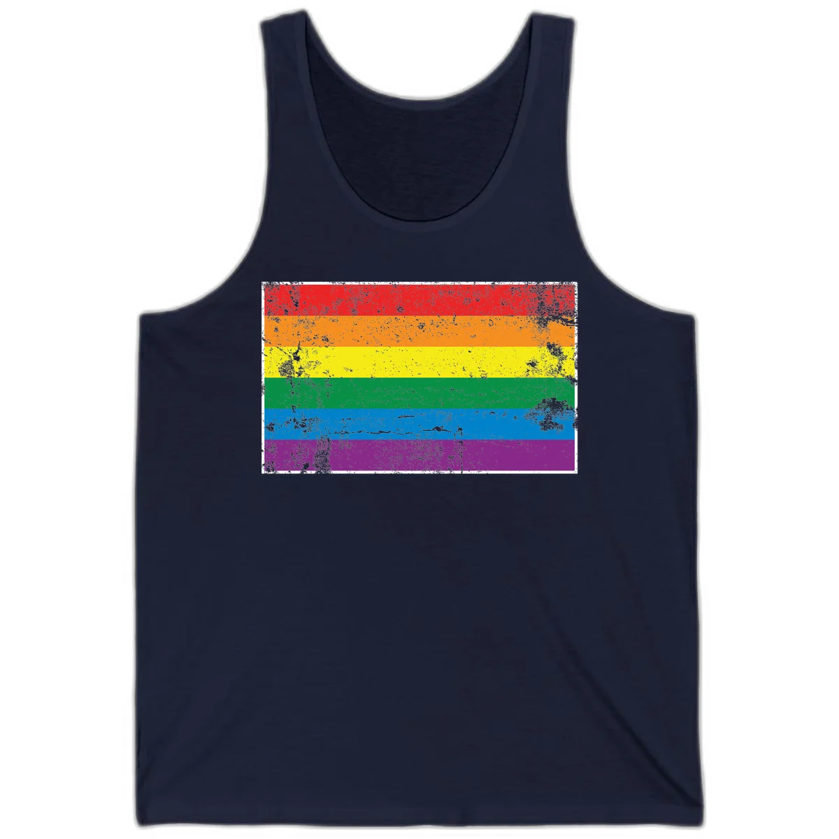 Distressed rainbow pride flag with six horizontal color stripes: red, orange, yellow, green, blue, and purple with grunge texture in Navy