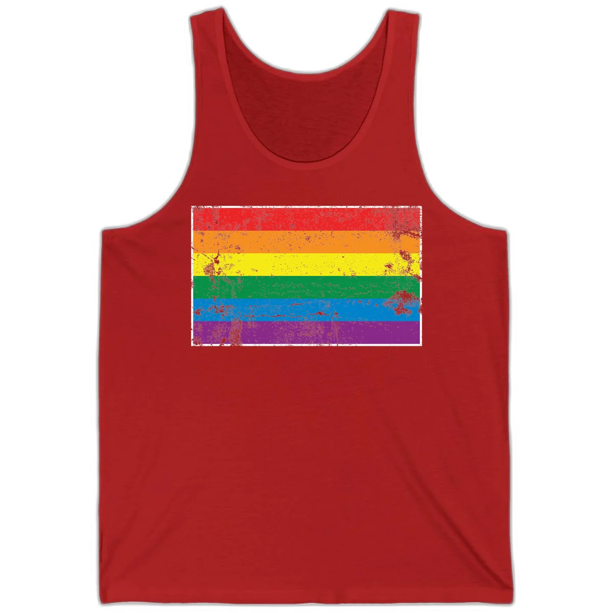 Distressed rainbow pride flag with six horizontal color stripes: red, orange, yellow, green, blue, and purple with grunge texture in Red