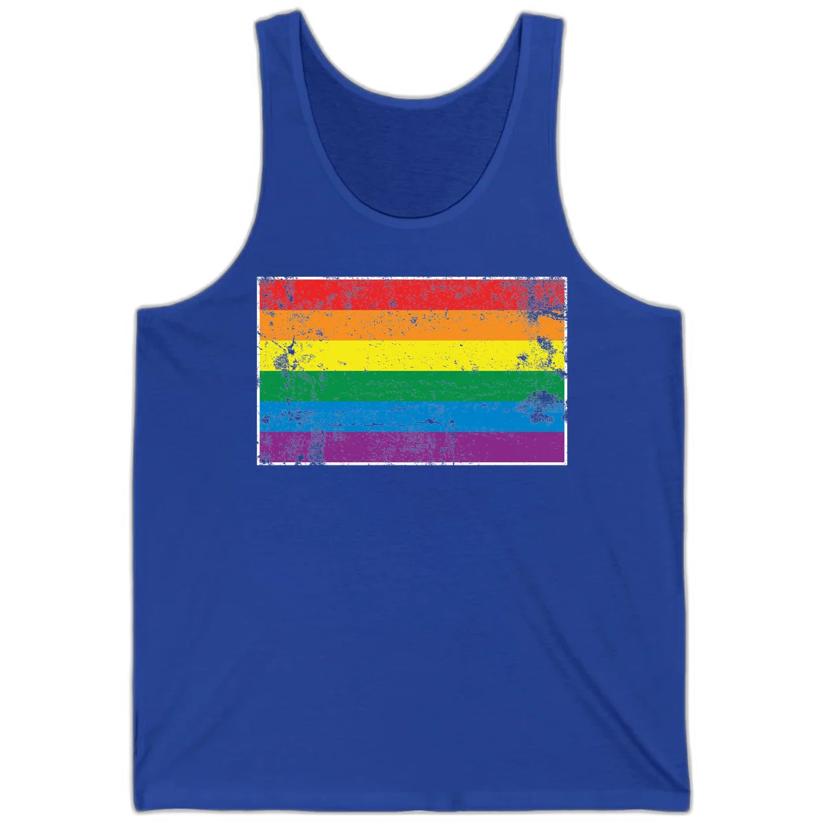 Distressed rainbow pride flag with six horizontal color stripes: red, orange, yellow, green, blue, and purple with grunge texture in True Royal