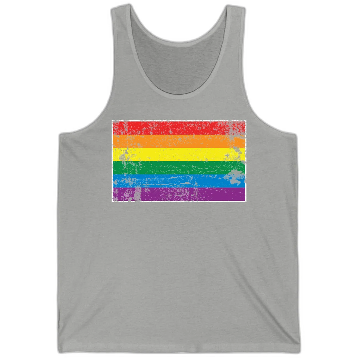 Distressed rainbow pride flag with six horizontal color stripes: red, orange, yellow, green, blue, and purple with grunge texture in Athletic Heather