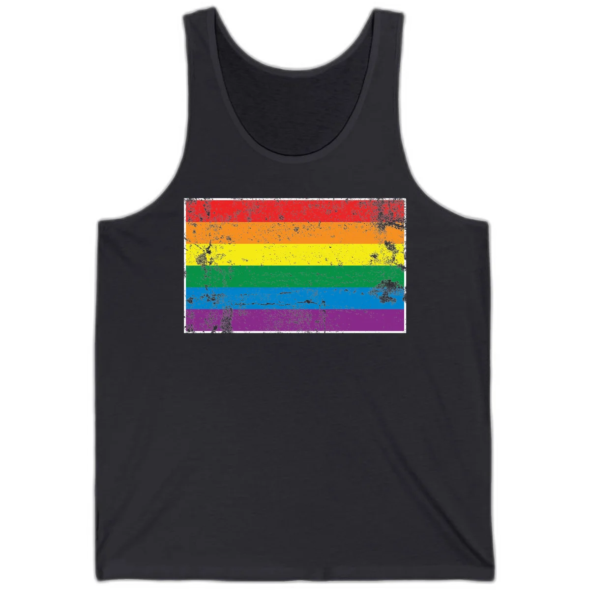 Distressed rainbow pride flag with six horizontal color stripes: red, orange, yellow, green, blue, and purple with grunge texture in Dark Grey