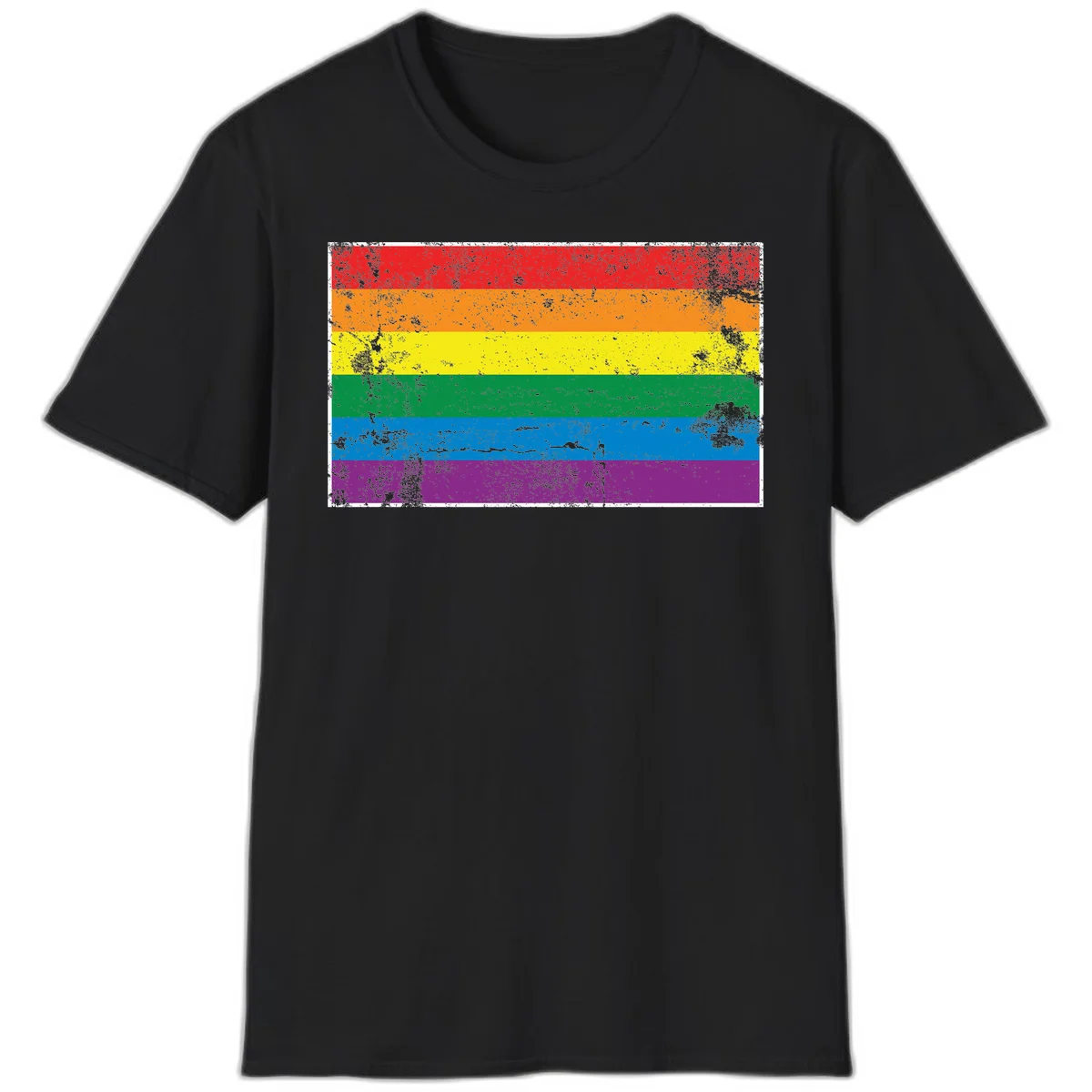Distressed rainbow pride flag with six horizontal color stripes: red, orange, yellow, green, blue, and purple with grunge texture in Black
