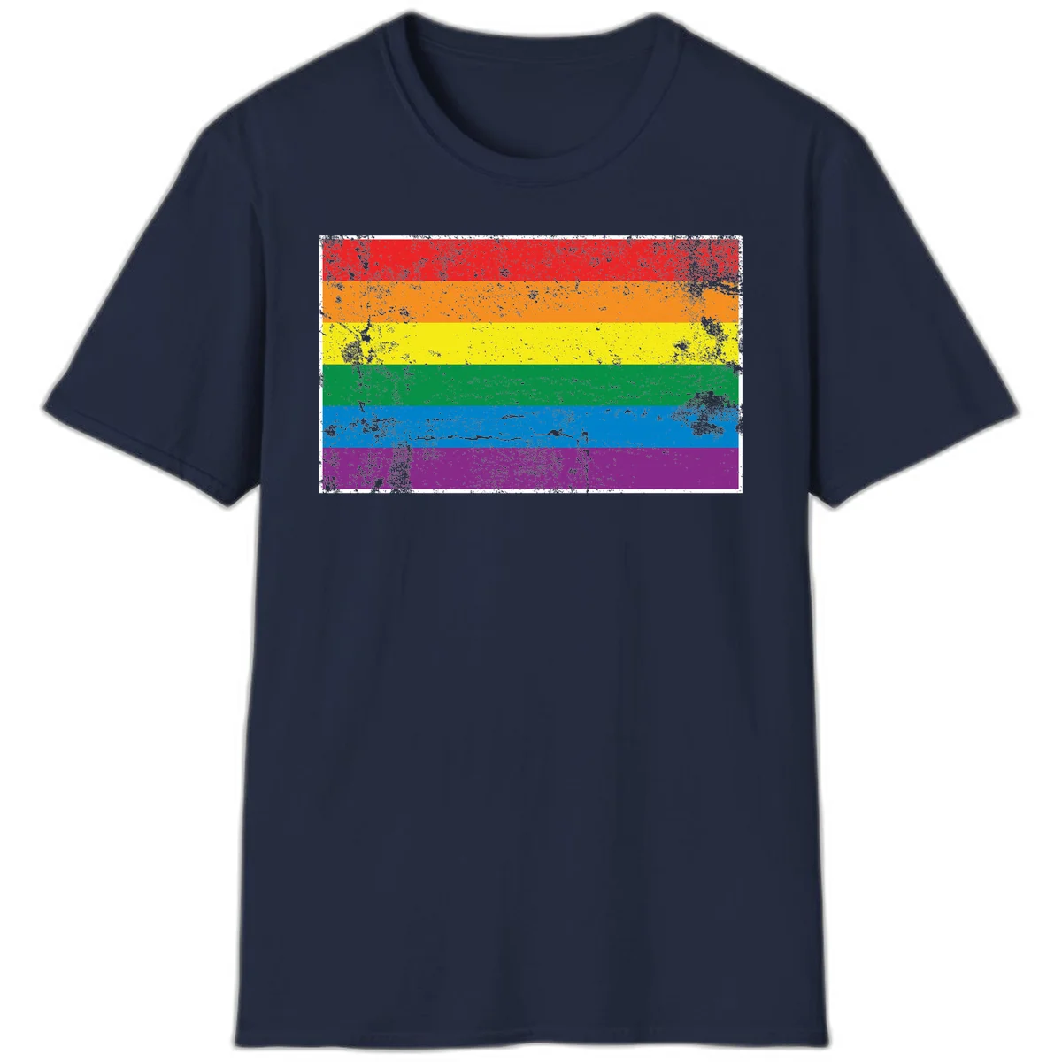 Distressed rainbow pride flag with six horizontal color stripes: red, orange, yellow, green, blue, and purple with grunge texture in Navy