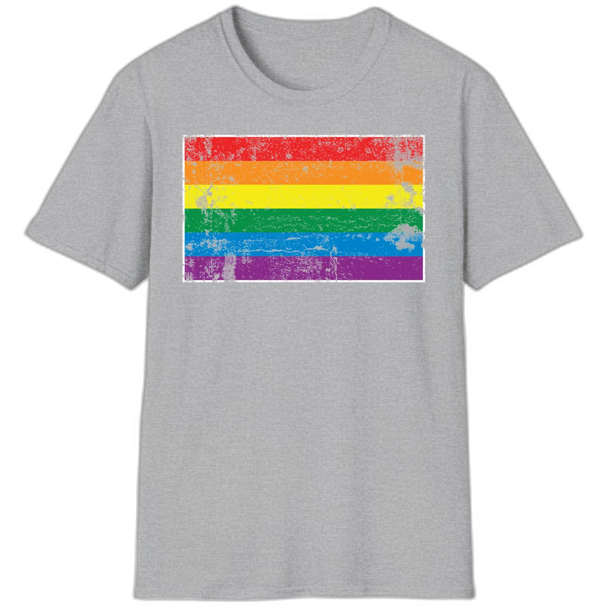 Distressed rainbow pride flag with six horizontal color stripes: red, orange, yellow, green, blue, and purple with grunge texture in Sport Grey
