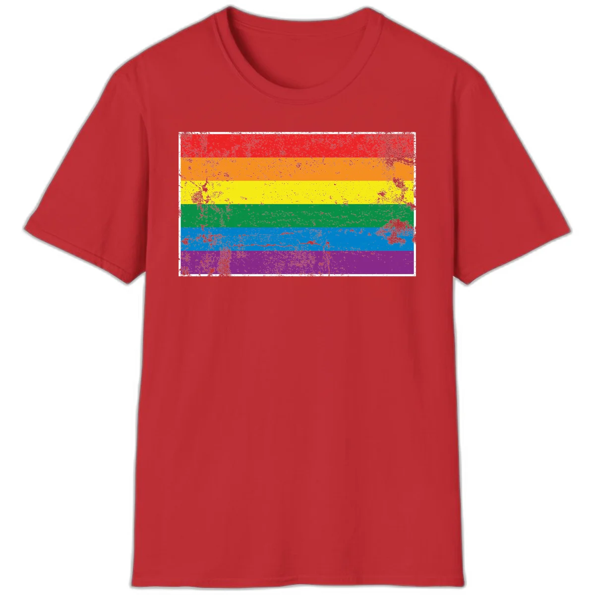Distressed rainbow pride flag with six horizontal color stripes: red, orange, yellow, green, blue, and purple with grunge texture in Red