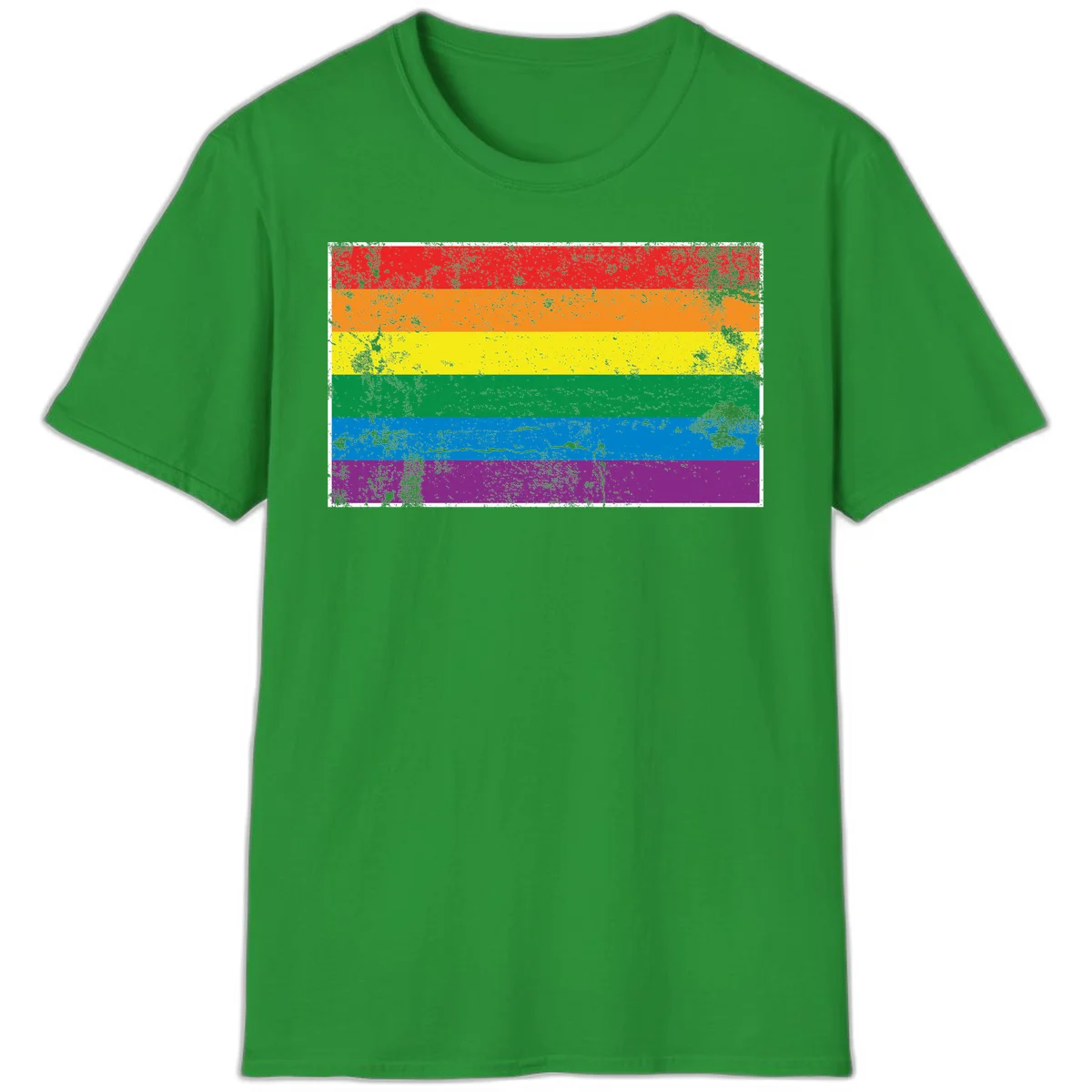 Distressed rainbow pride flag with six horizontal color stripes: red, orange, yellow, green, blue, and purple with grunge texture in Irish Green