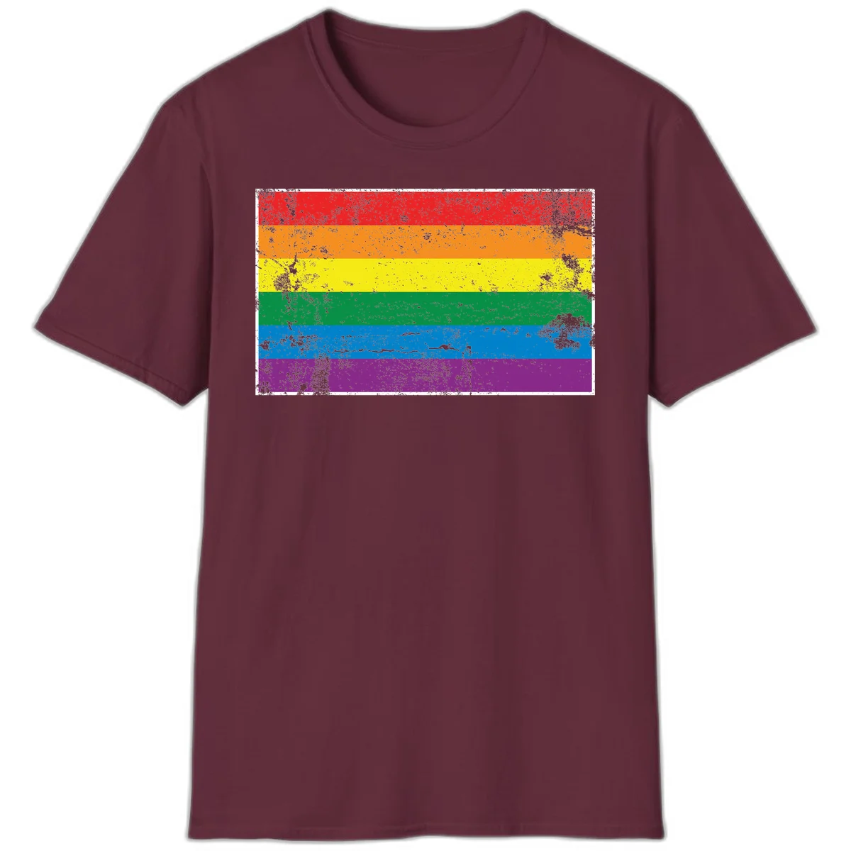 Distressed rainbow pride flag with six horizontal color stripes: red, orange, yellow, green, blue, and purple with grunge texture in Maroon