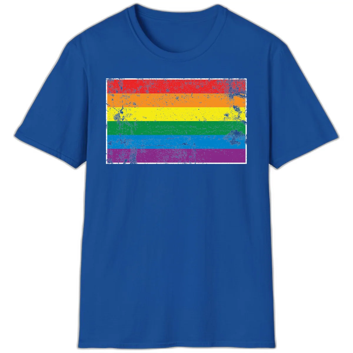 Distressed rainbow pride flag with six horizontal color stripes: red, orange, yellow, green, blue, and purple with grunge texture in Royal