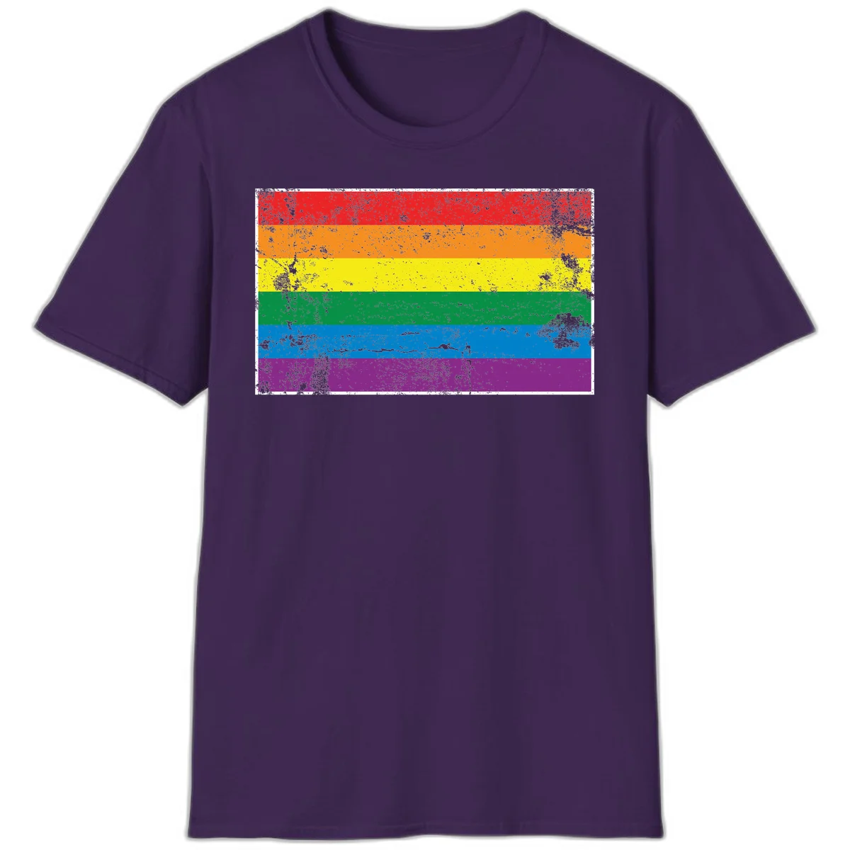 Distressed rainbow pride flag with six horizontal color stripes: red, orange, yellow, green, blue, and purple with grunge texture in Purple