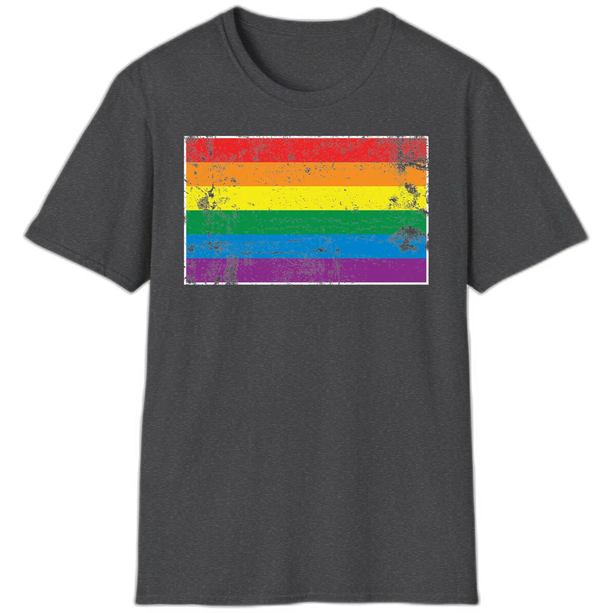 Distressed rainbow pride flag with six horizontal color stripes: red, orange, yellow, green, blue, and purple with grunge texture in Dark Heather