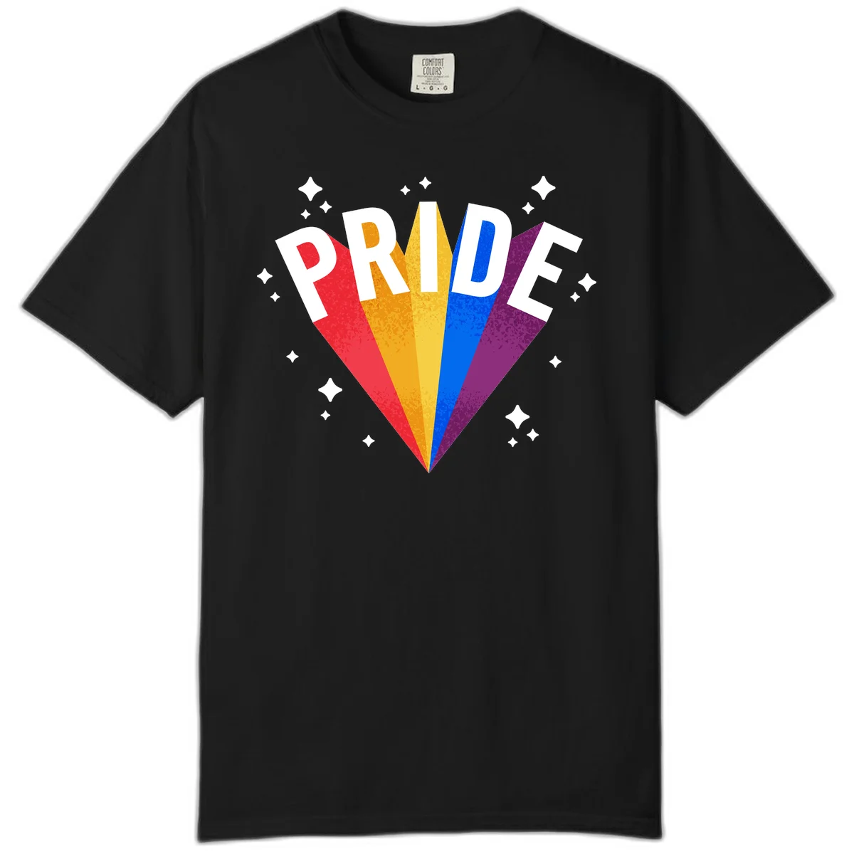 Rainbow pride fan design with colorful stripes in red, orange, yellow, blue, and purple radiating outward with white PRIDE text and decorative sparkles in Black