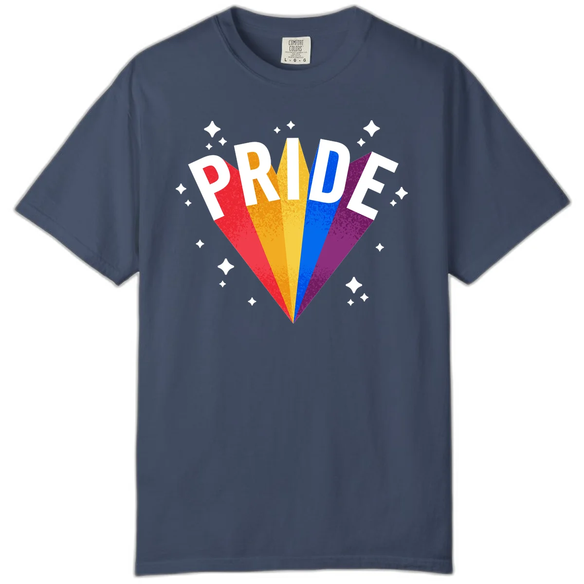 Rainbow pride fan design with colorful stripes in red, orange, yellow, blue, and purple radiating outward with white PRIDE text and decorative sparkles in Midnight