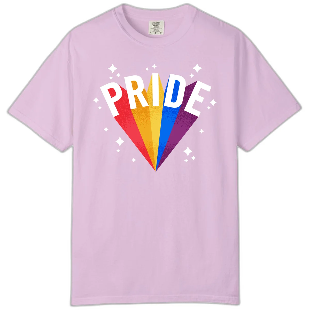 Rainbow pride fan design with colorful stripes in red, orange, yellow, blue, and purple radiating outward with white PRIDE text and decorative sparkles in Orchid