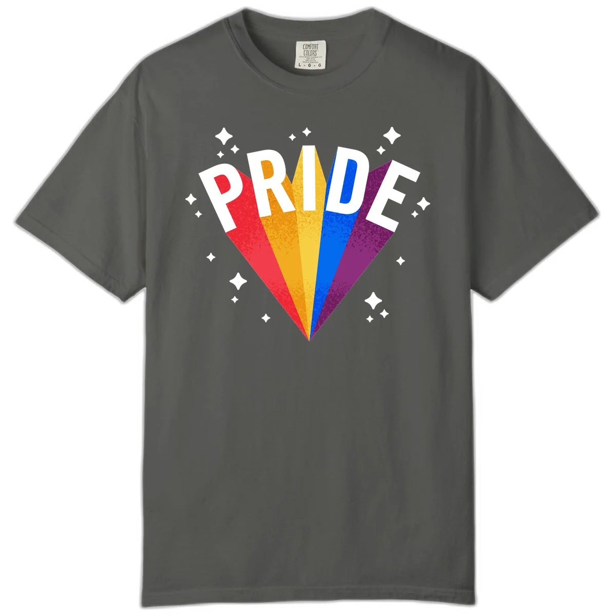 Rainbow pride fan design with colorful stripes in red, orange, yellow, blue, and purple radiating outward with white PRIDE text and decorative sparkles in Pepper