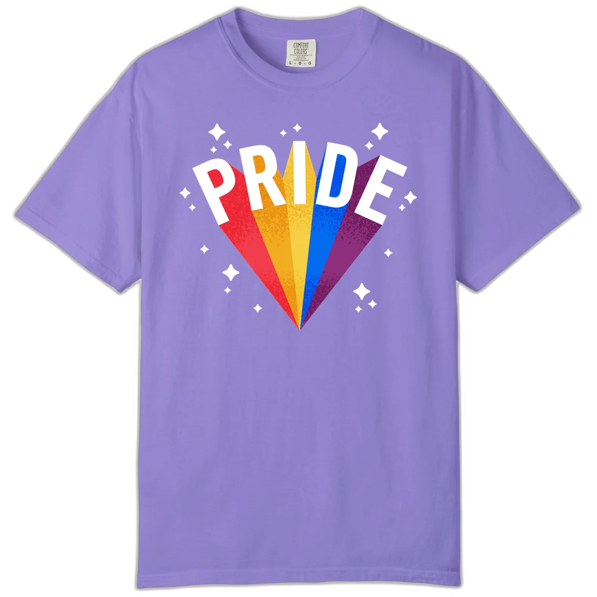 Rainbow pride fan design with colorful stripes in red, orange, yellow, blue, and purple radiating outward with white PRIDE text and decorative sparkles in Violet