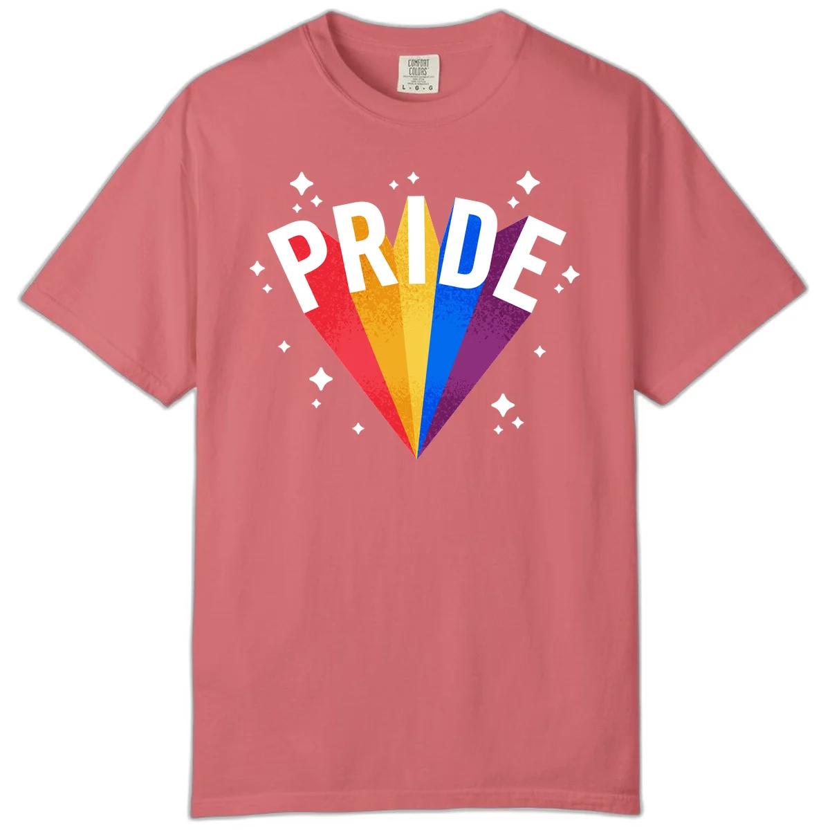Rainbow pride fan design with colorful stripes in red, orange, yellow, blue, and purple radiating outward with white PRIDE text and decorative sparkles in Watermelon