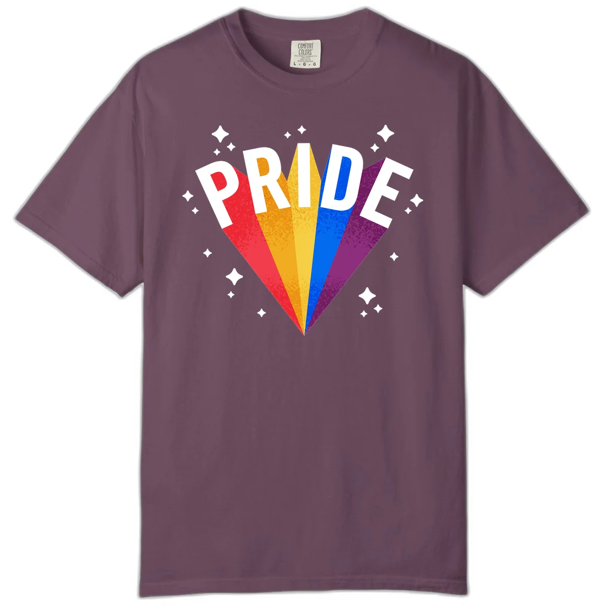 Rainbow pride fan design with colorful stripes in red, orange, yellow, blue, and purple radiating outward with white PRIDE text and decorative sparkles in Berry