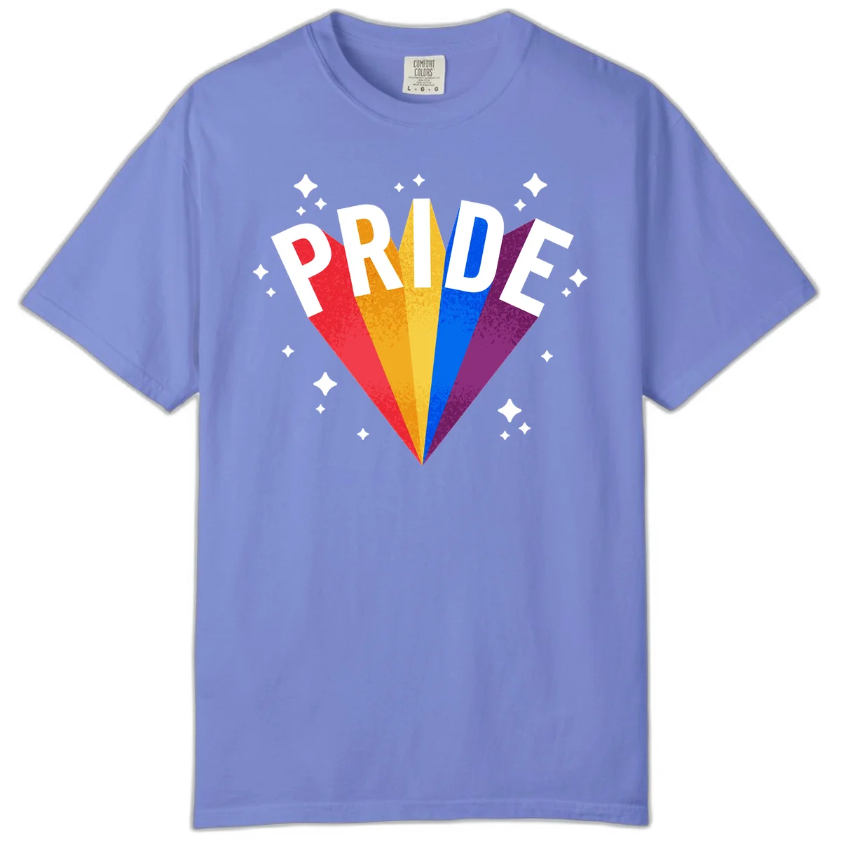 Rainbow pride fan design with colorful stripes in red, orange, yellow, blue, and purple radiating outward with white PRIDE text and decorative sparkles in Flo Blue