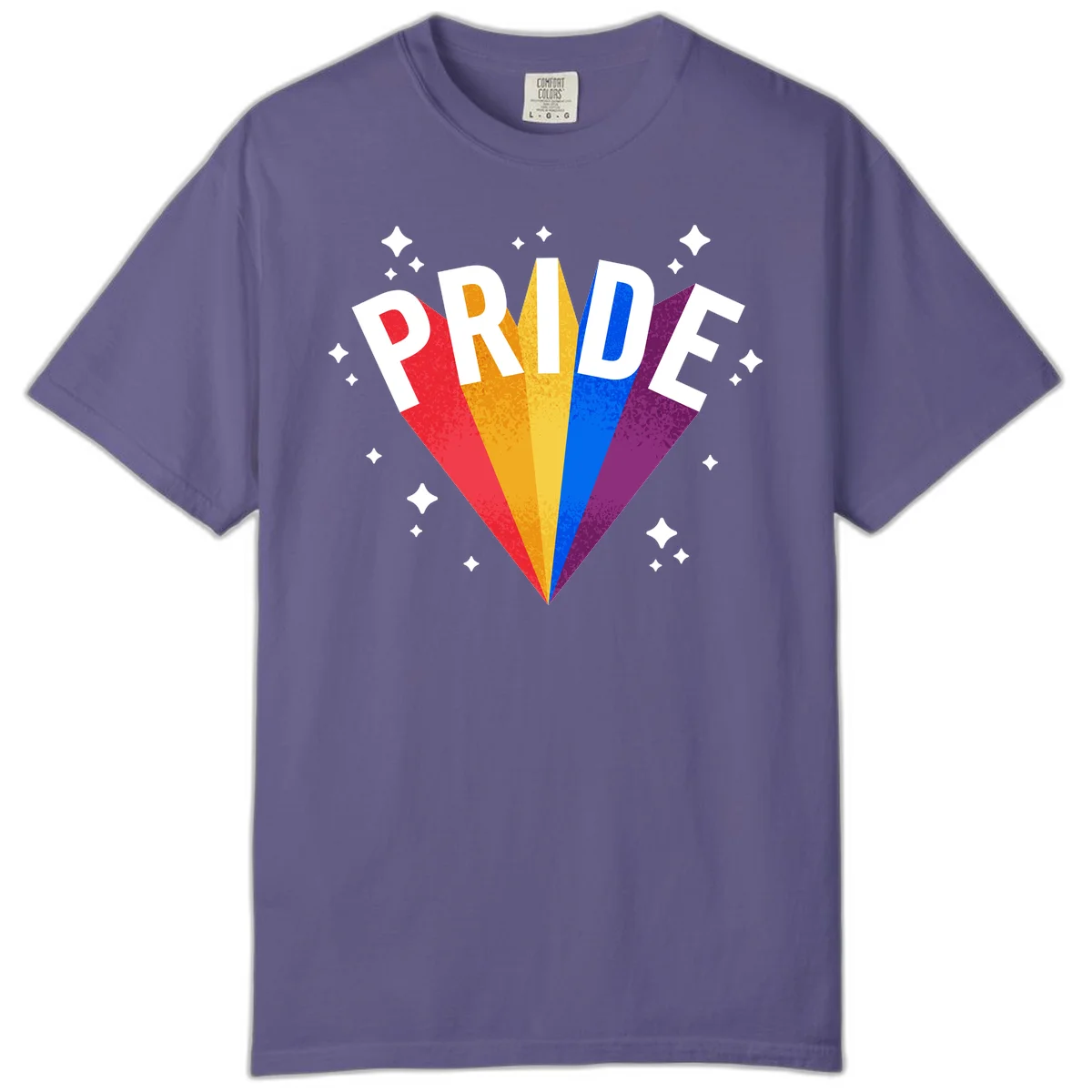 Rainbow pride fan design with colorful stripes in red, orange, yellow, blue, and purple radiating outward with white PRIDE text and decorative sparkles in Grape
