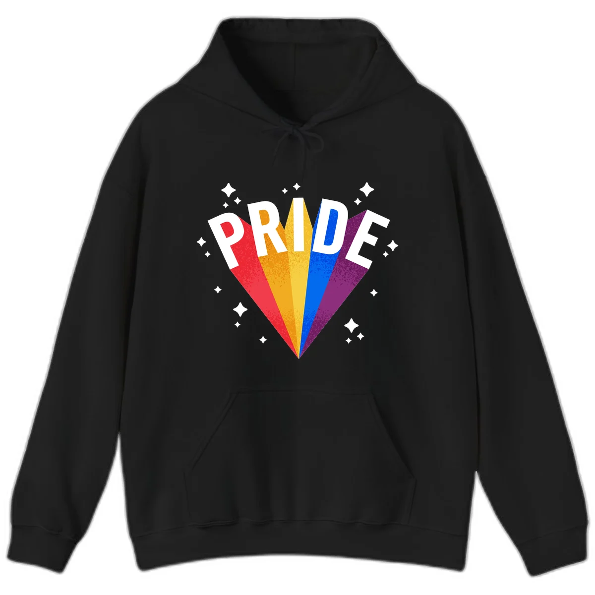 Rainbow pride fan design with colorful stripes in red, orange, yellow, blue, and purple radiating outward with white PRIDE text and decorative sparkles in Black