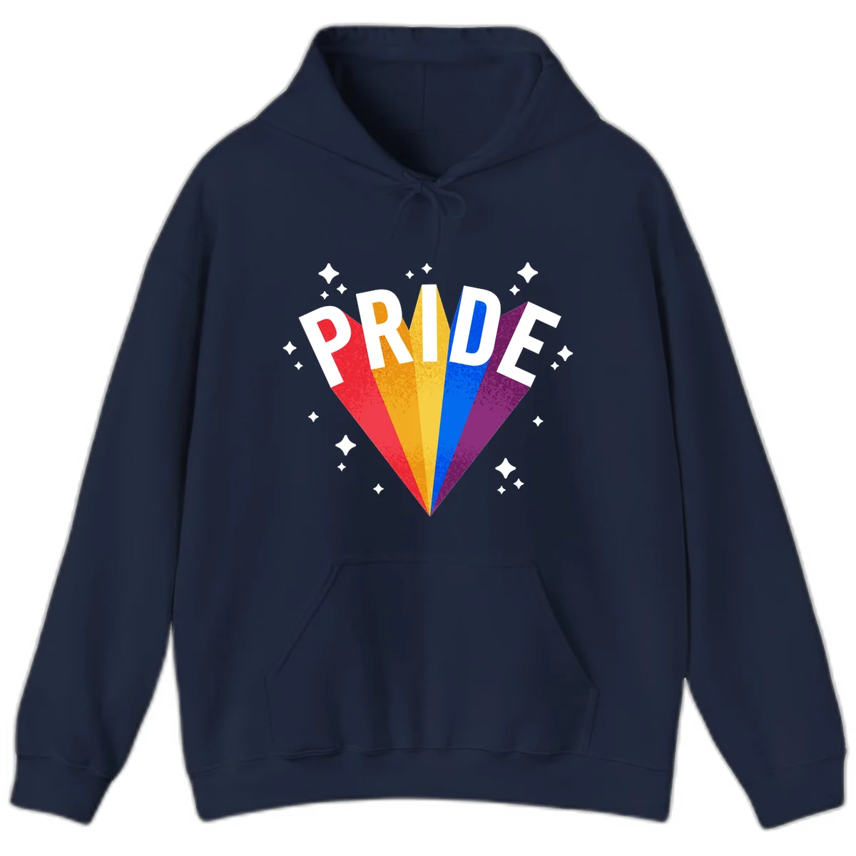 Rainbow pride fan design with colorful stripes in red, orange, yellow, blue, and purple radiating outward with white PRIDE text and decorative sparkles in Navy