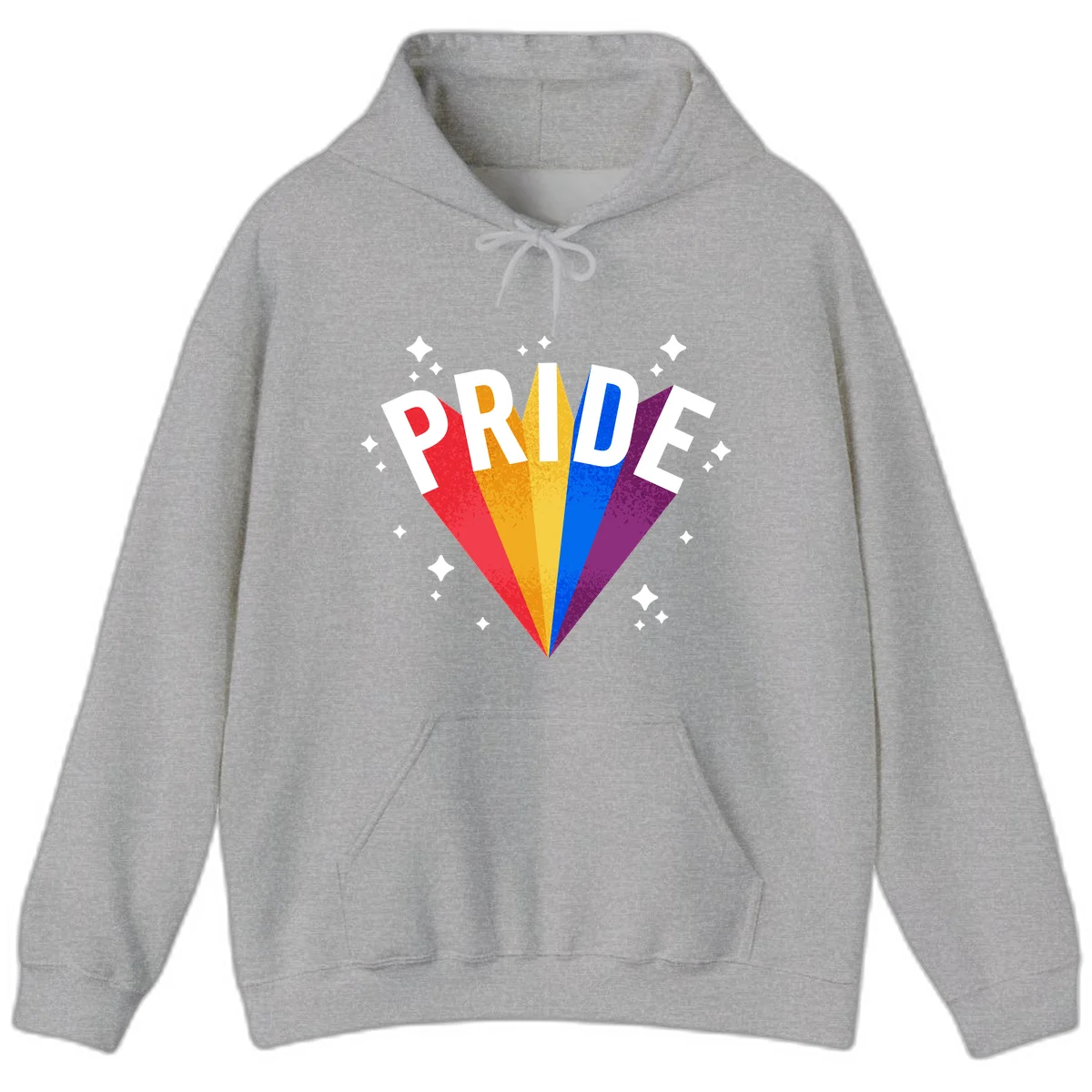 Rainbow pride fan design with colorful stripes in red, orange, yellow, blue, and purple radiating outward with white PRIDE text and decorative sparkles in Sport Grey