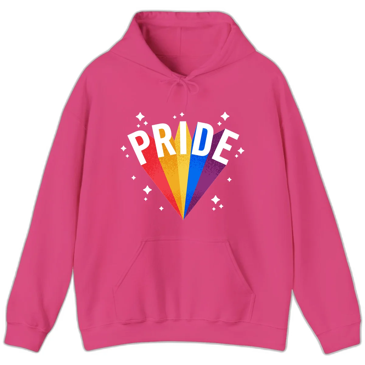 Rainbow pride fan design with colorful stripes in red, orange, yellow, blue, and purple radiating outward with white PRIDE text and decorative sparkles in Heliconia