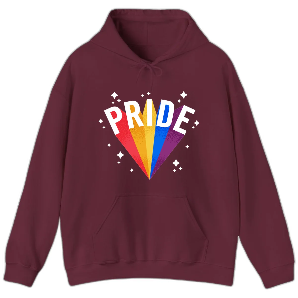 Rainbow pride fan design with colorful stripes in red, orange, yellow, blue, and purple radiating outward with white PRIDE text and decorative sparkles in Maroon