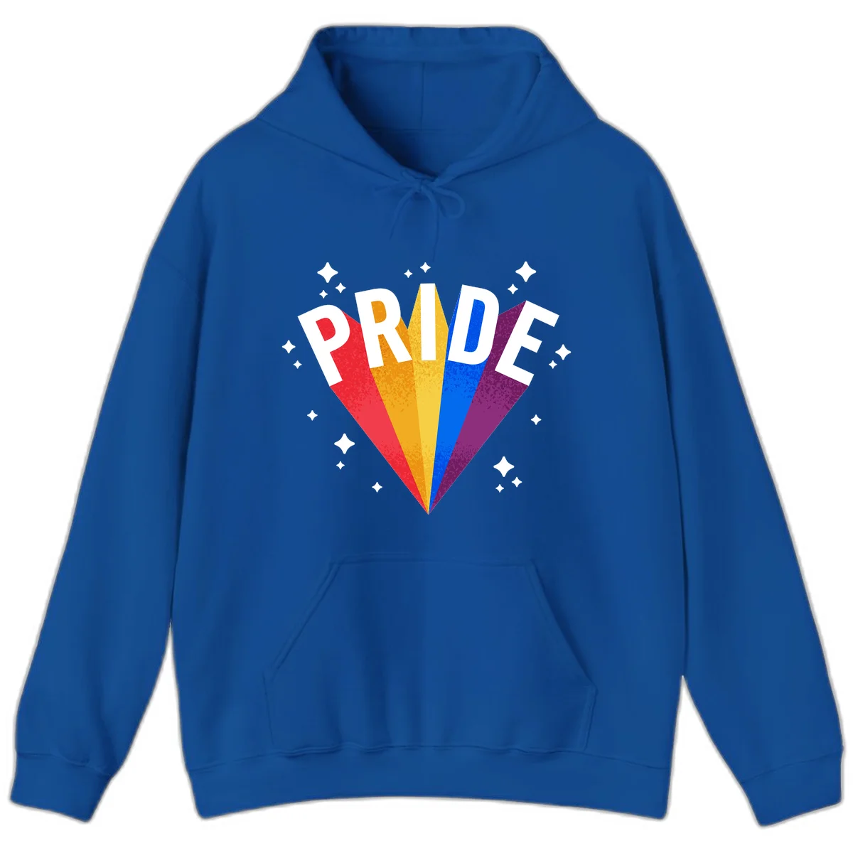 Rainbow pride fan design with colorful stripes in red, orange, yellow, blue, and purple radiating outward with white PRIDE text and decorative sparkles in Royal