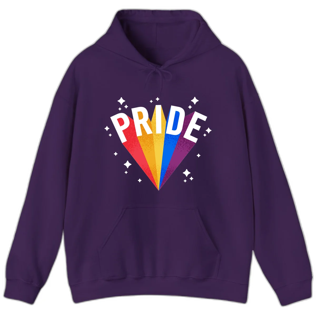 Rainbow pride fan design with colorful stripes in red, orange, yellow, blue, and purple radiating outward with white PRIDE text and decorative sparkles in Purple