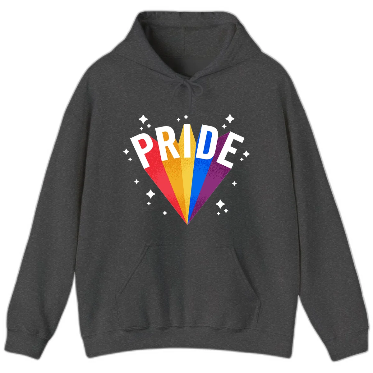 Rainbow pride fan design with colorful stripes in red, orange, yellow, blue, and purple radiating outward with white PRIDE text and decorative sparkles in Dark Heather
