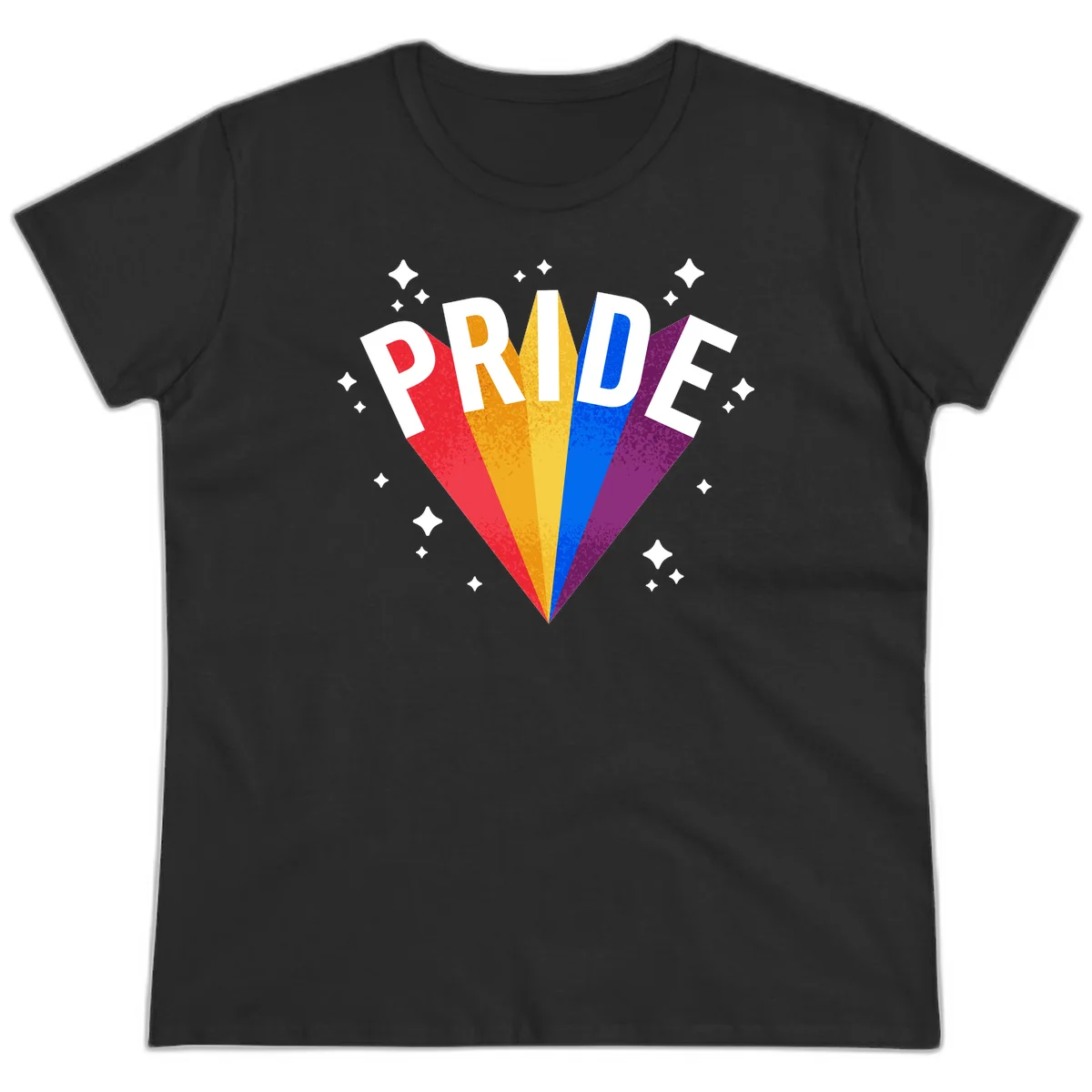 Rainbow pride fan design with colorful stripes in red, orange, yellow, blue, and purple radiating outward with white PRIDE text and decorative sparkles in Black
