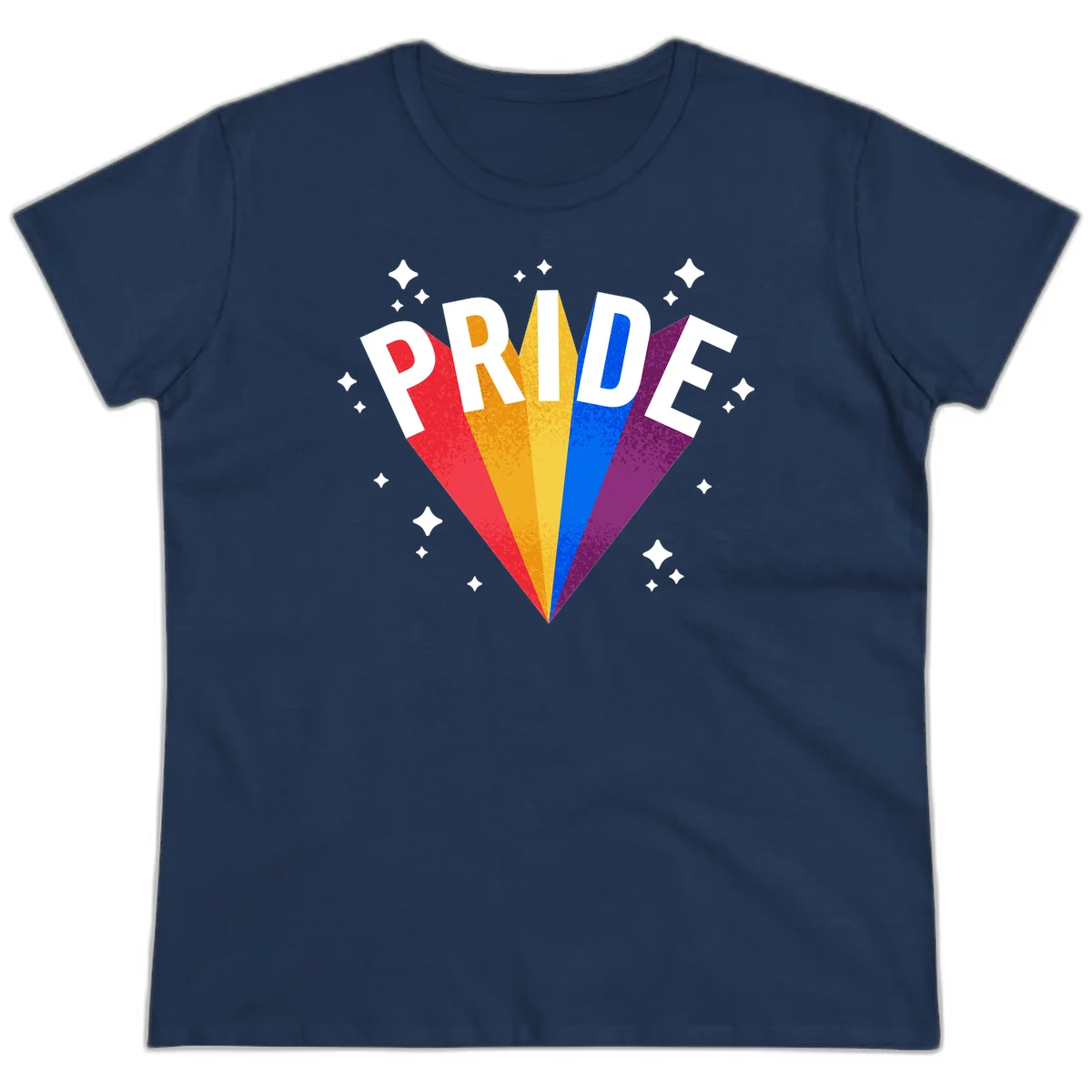 Rainbow pride fan design with colorful stripes in red, orange, yellow, blue, and purple radiating outward with white PRIDE text and decorative sparkles in Navy