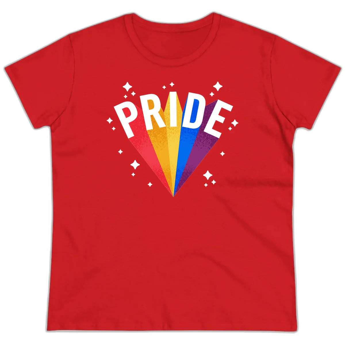Rainbow pride fan design with colorful stripes in red, orange, yellow, blue, and purple radiating outward with white PRIDE text and decorative sparkles in Red