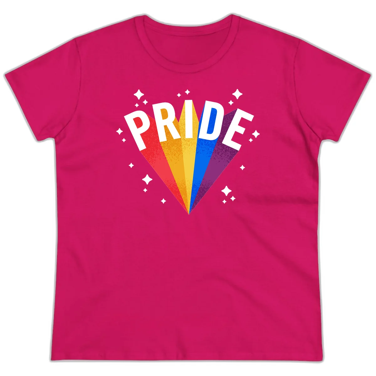 Rainbow pride fan design with colorful stripes in red, orange, yellow, blue, and purple radiating outward with white PRIDE text and decorative sparkles in Heliconia