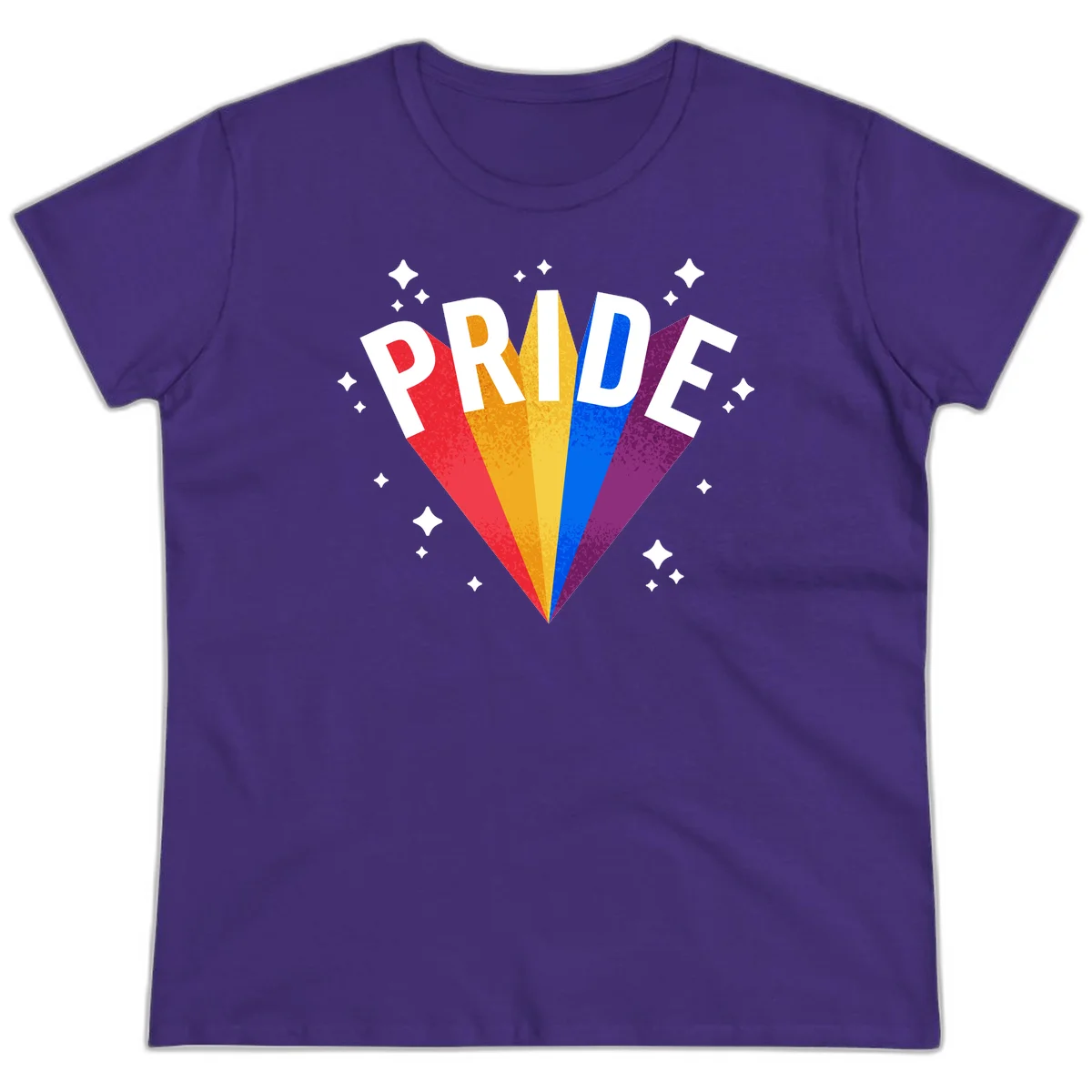 Rainbow pride fan design with colorful stripes in red, orange, yellow, blue, and purple radiating outward with white PRIDE text and decorative sparkles in Purple