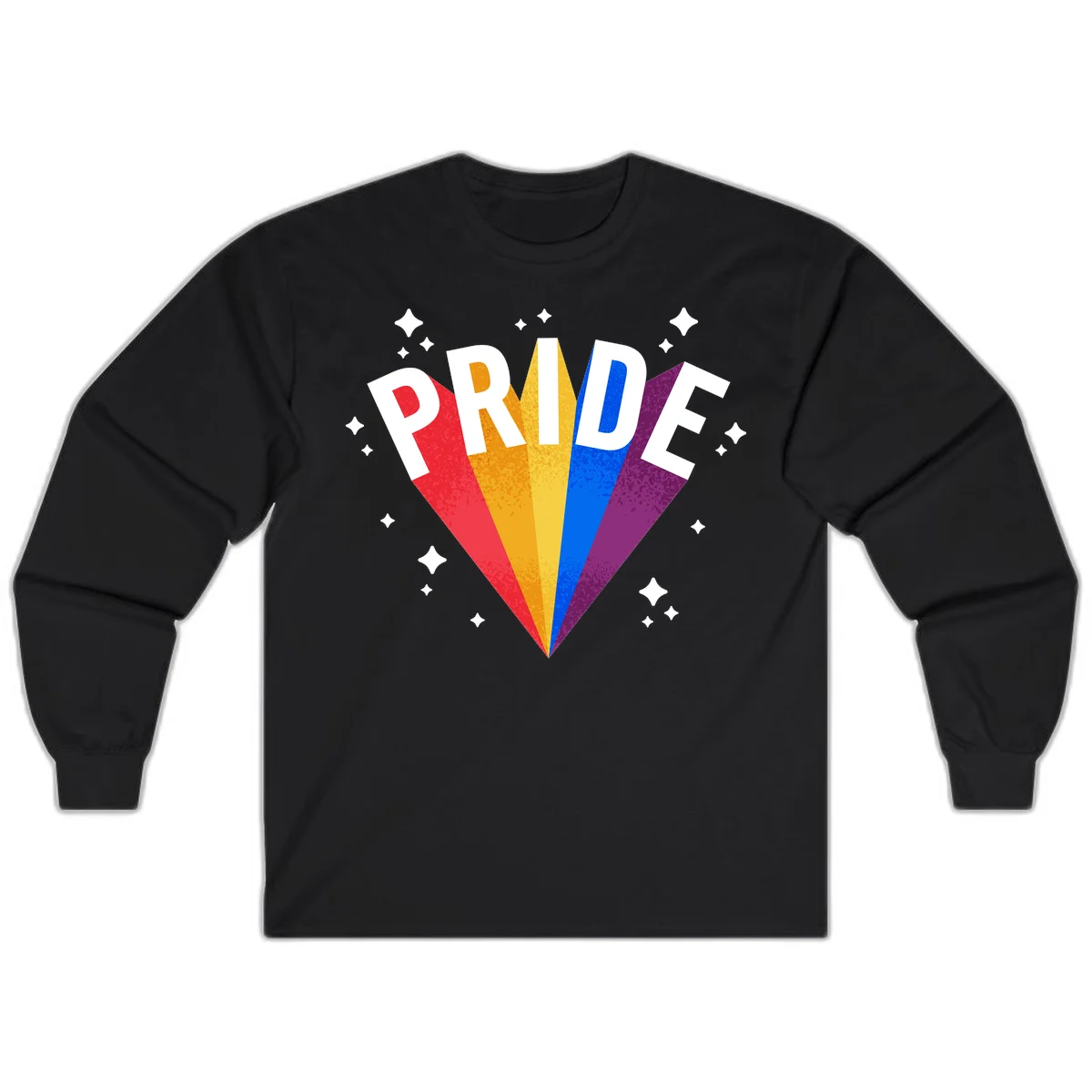 Rainbow pride fan design with colorful stripes in red, orange, yellow, blue, and purple radiating outward with white PRIDE text and decorative sparkles in Black