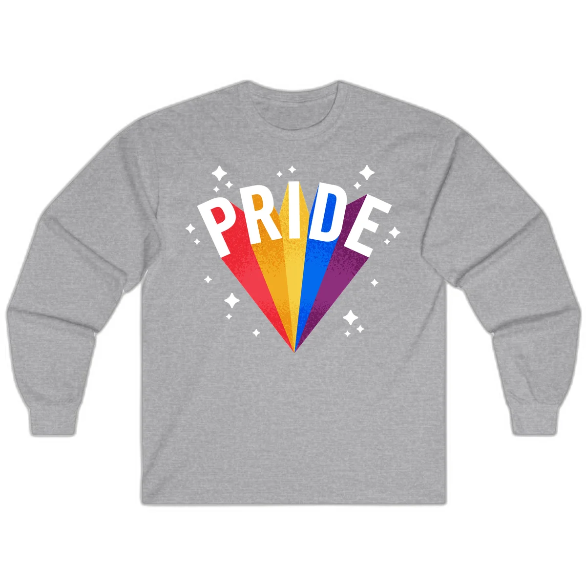 Rainbow pride fan design with colorful stripes in red, orange, yellow, blue, and purple radiating outward with white PRIDE text and decorative sparkles in Sport Grey