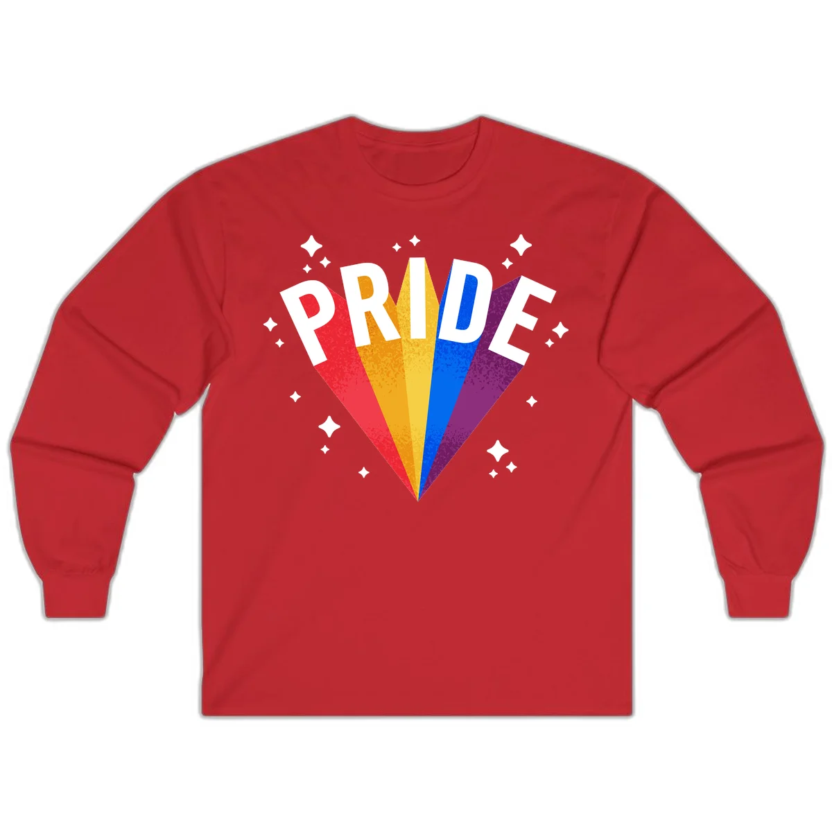 Rainbow pride fan design with colorful stripes in red, orange, yellow, blue, and purple radiating outward with white PRIDE text and decorative sparkles in Red