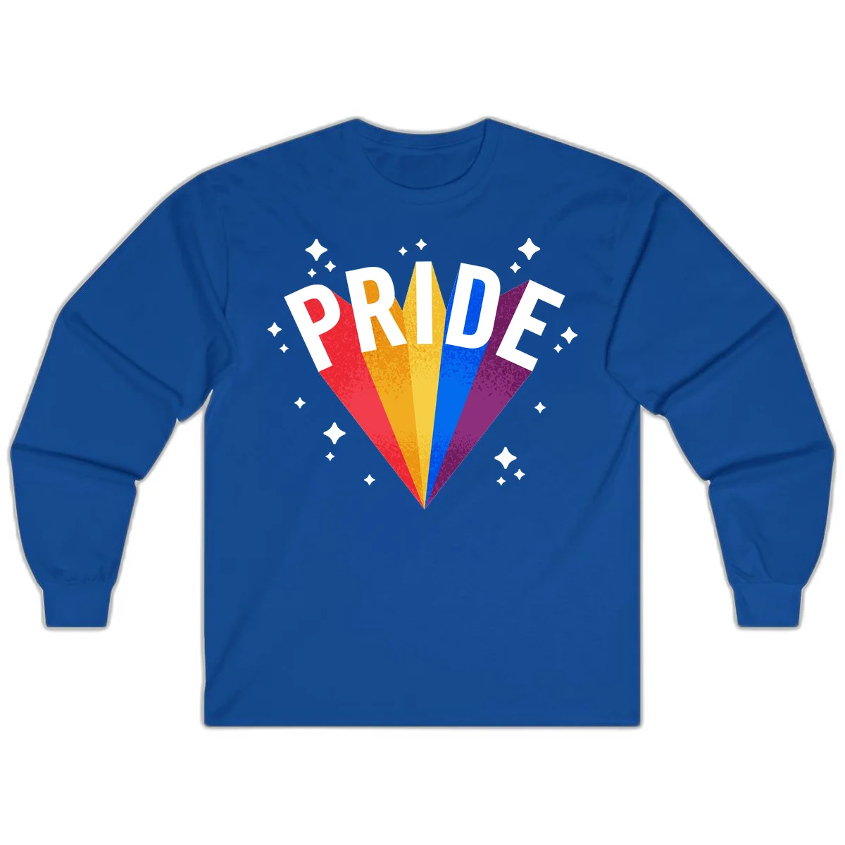 Rainbow pride fan design with colorful stripes in red, orange, yellow, blue, and purple radiating outward with white PRIDE text and decorative sparkles in Royal