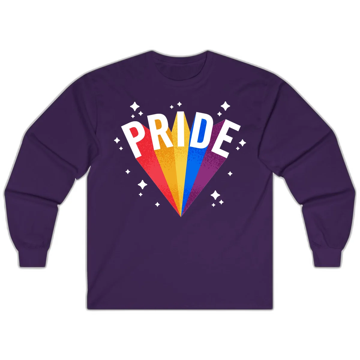 Rainbow pride fan design with colorful stripes in red, orange, yellow, blue, and purple radiating outward with white PRIDE text and decorative sparkles in Purple