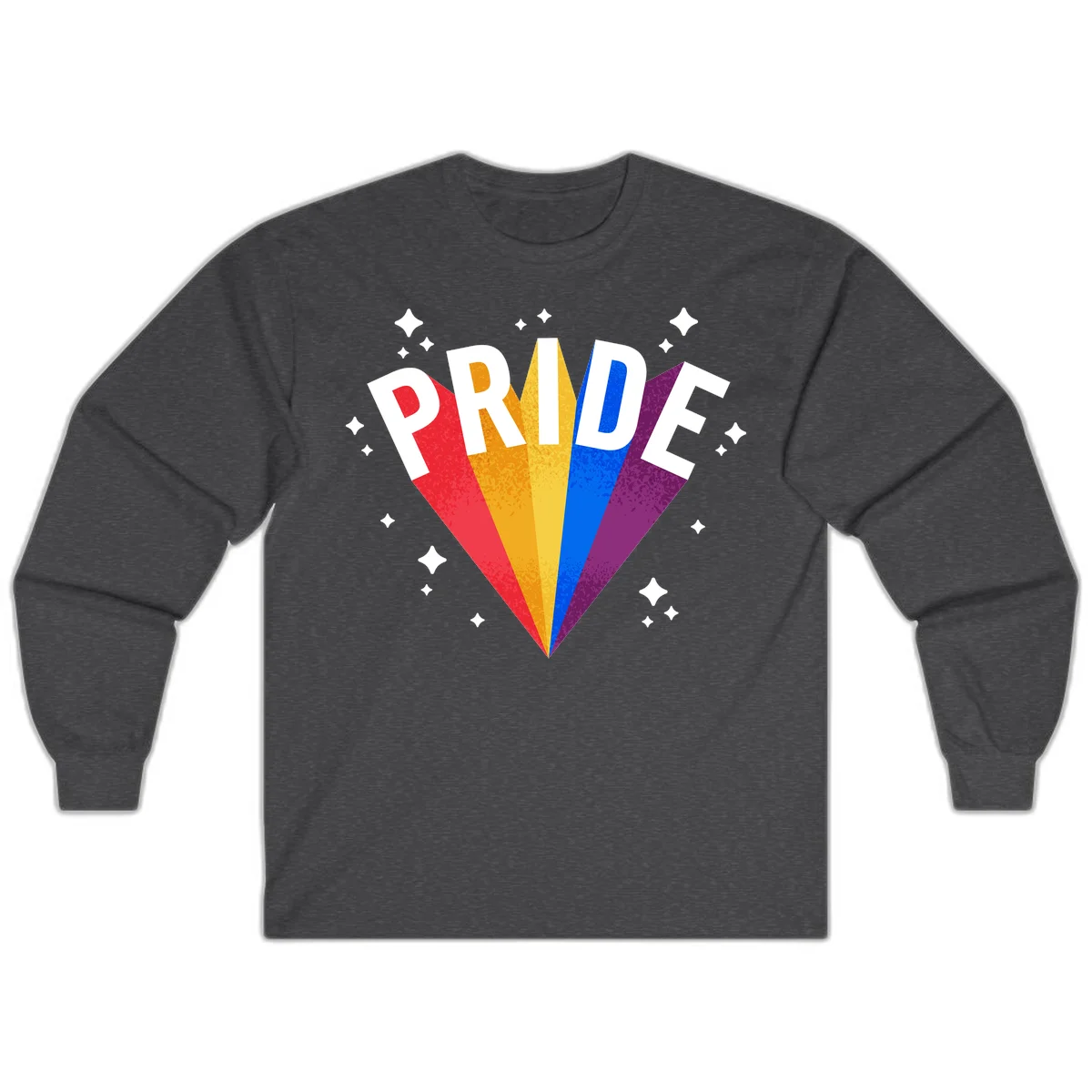 Rainbow pride fan design with colorful stripes in red, orange, yellow, blue, and purple radiating outward with white PRIDE text and decorative sparkles in Dark Heather