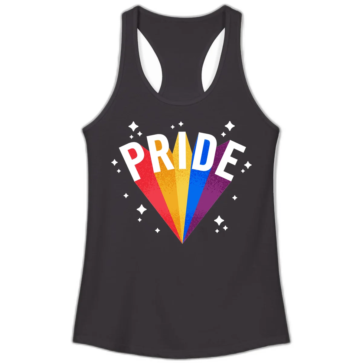 Rainbow pride fan design with colorful stripes in red, orange, yellow, blue, and purple radiating outward with white PRIDE text and decorative sparkles in Black