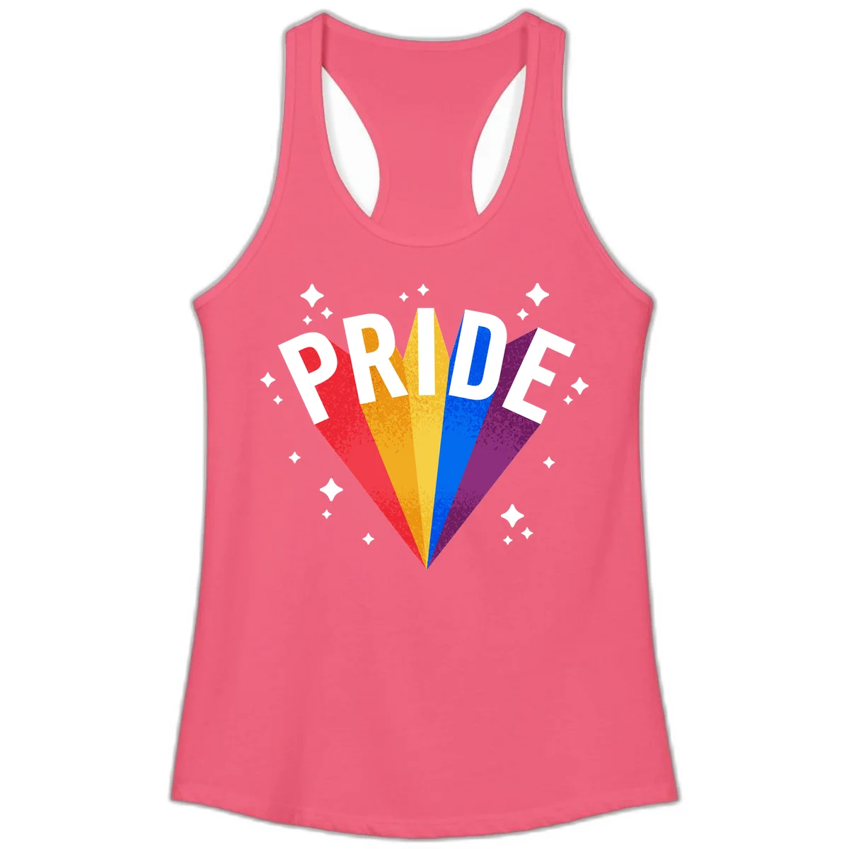 Rainbow pride fan design with colorful stripes in red, orange, yellow, blue, and purple radiating outward with white PRIDE text and decorative sparkles in Hot Pink
