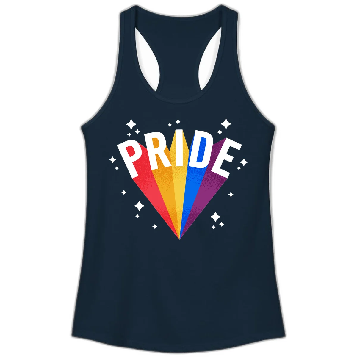 Rainbow pride fan design with colorful stripes in red, orange, yellow, blue, and purple radiating outward with white PRIDE text and decorative sparkles in Solid Midnight Navy
