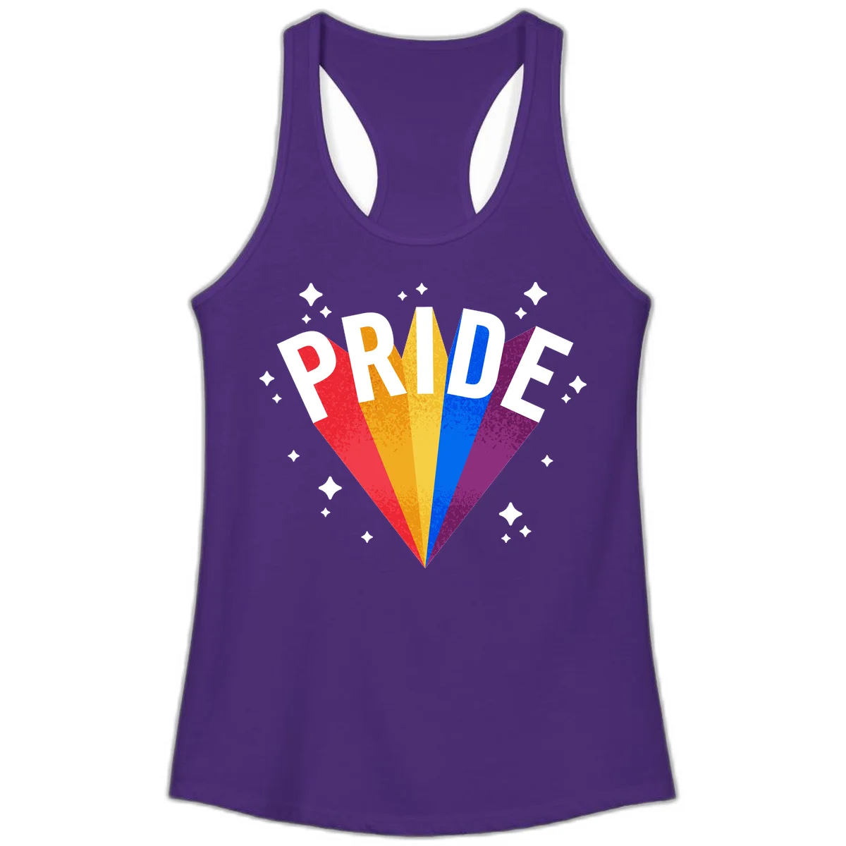 Rainbow pride fan design with colorful stripes in red, orange, yellow, blue, and purple radiating outward with white PRIDE text and decorative sparkles in Solid Purple Rush