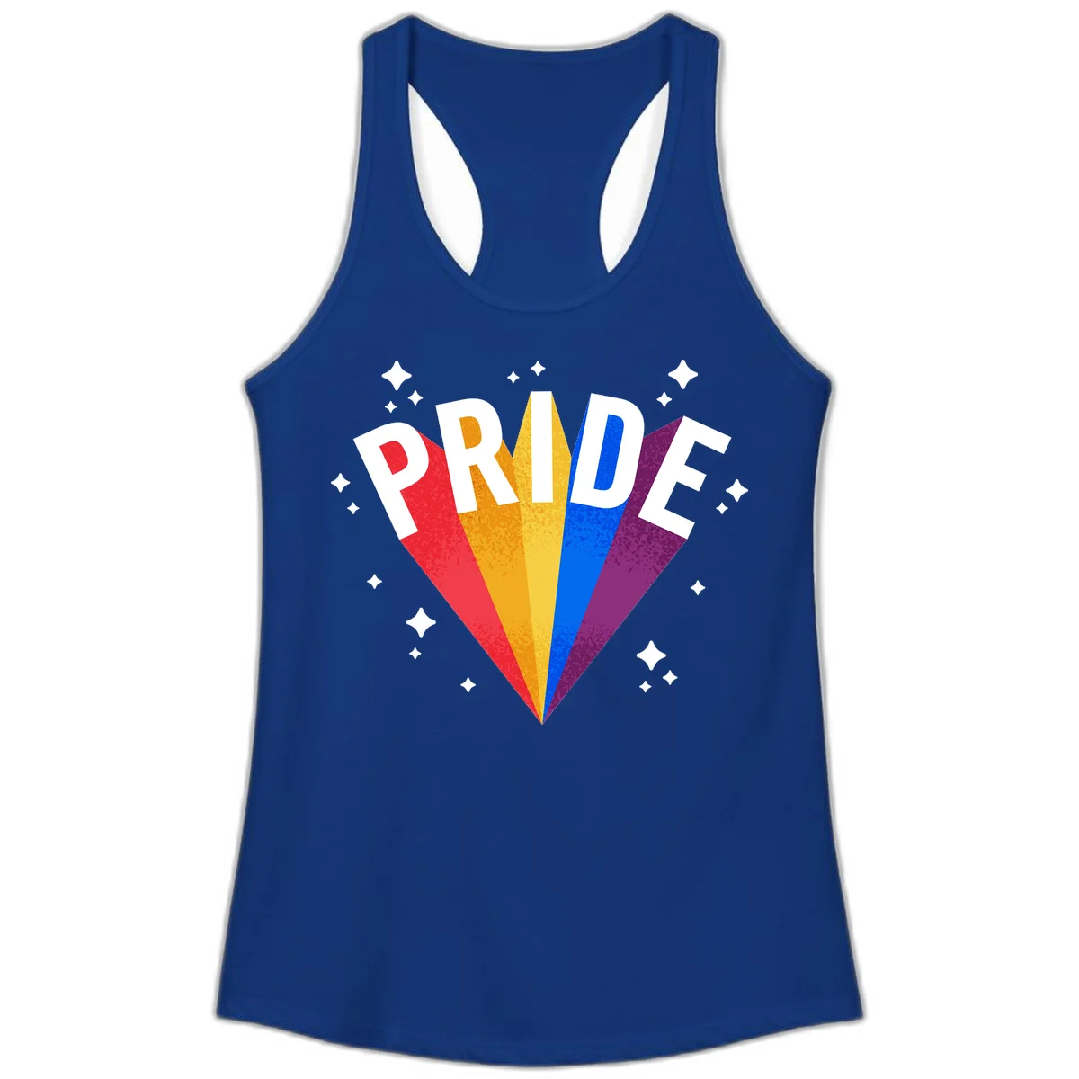 Rainbow pride fan design with colorful stripes in red, orange, yellow, blue, and purple radiating outward with white PRIDE text and decorative sparkles in Solid Royal