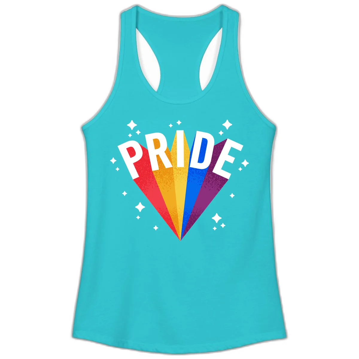 Rainbow pride fan design with colorful stripes in red, orange, yellow, blue, and purple radiating outward with white PRIDE text and decorative sparkles in Solid Tahiti Blue
